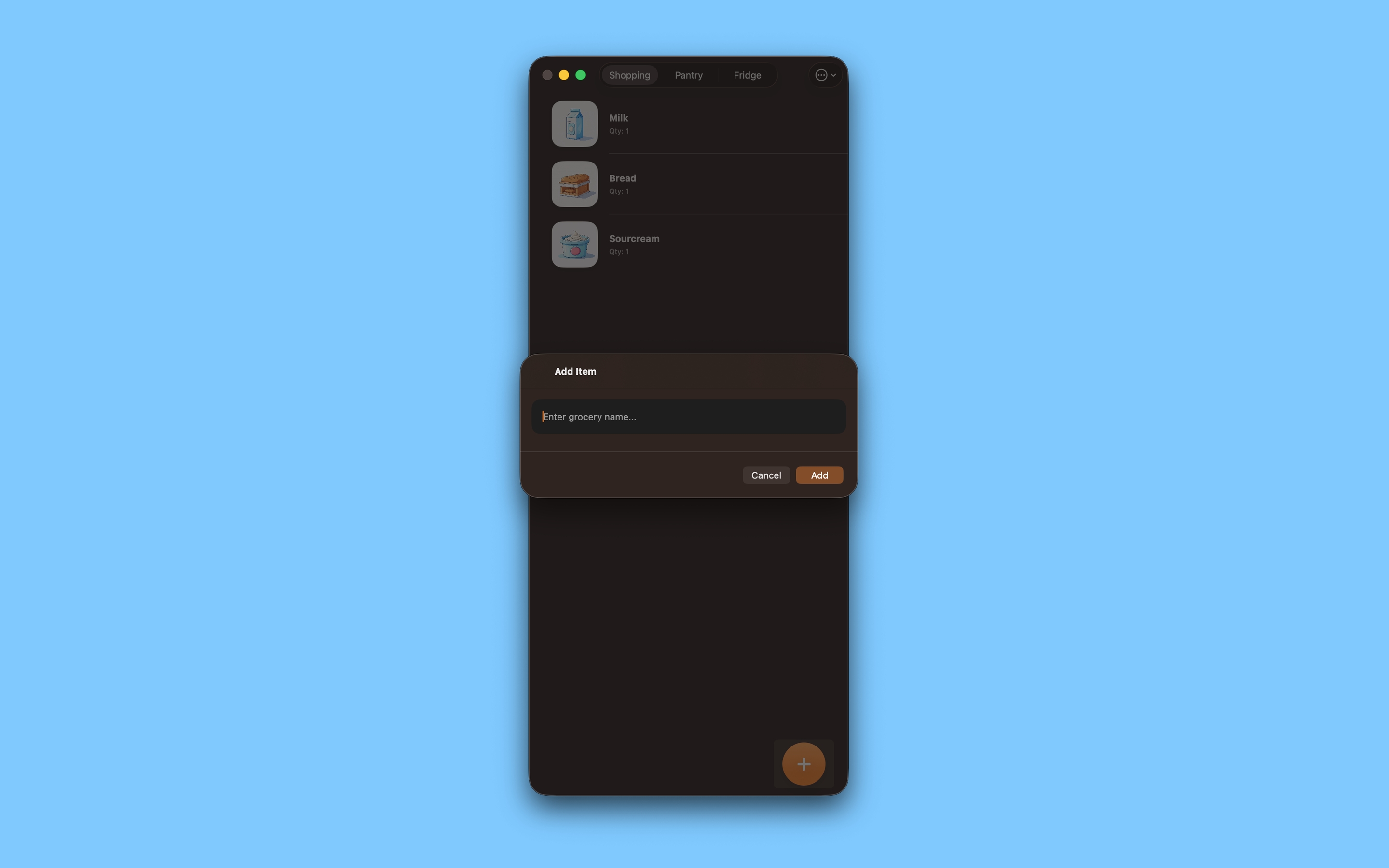 ShopSwipe on macOS with a shopping list and add item panel